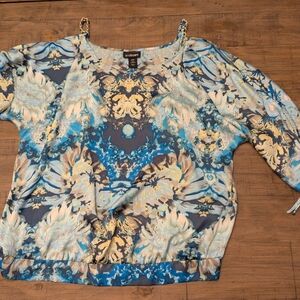 Lane Bryant 18/20(2X) floral blouse with cold shoulder, chain shoulder straps